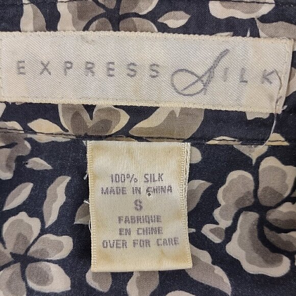Express Silk Womens 100% Silk Black, Brown Floral Pattern Button Down Dress Sz S - Picture 11 of 12